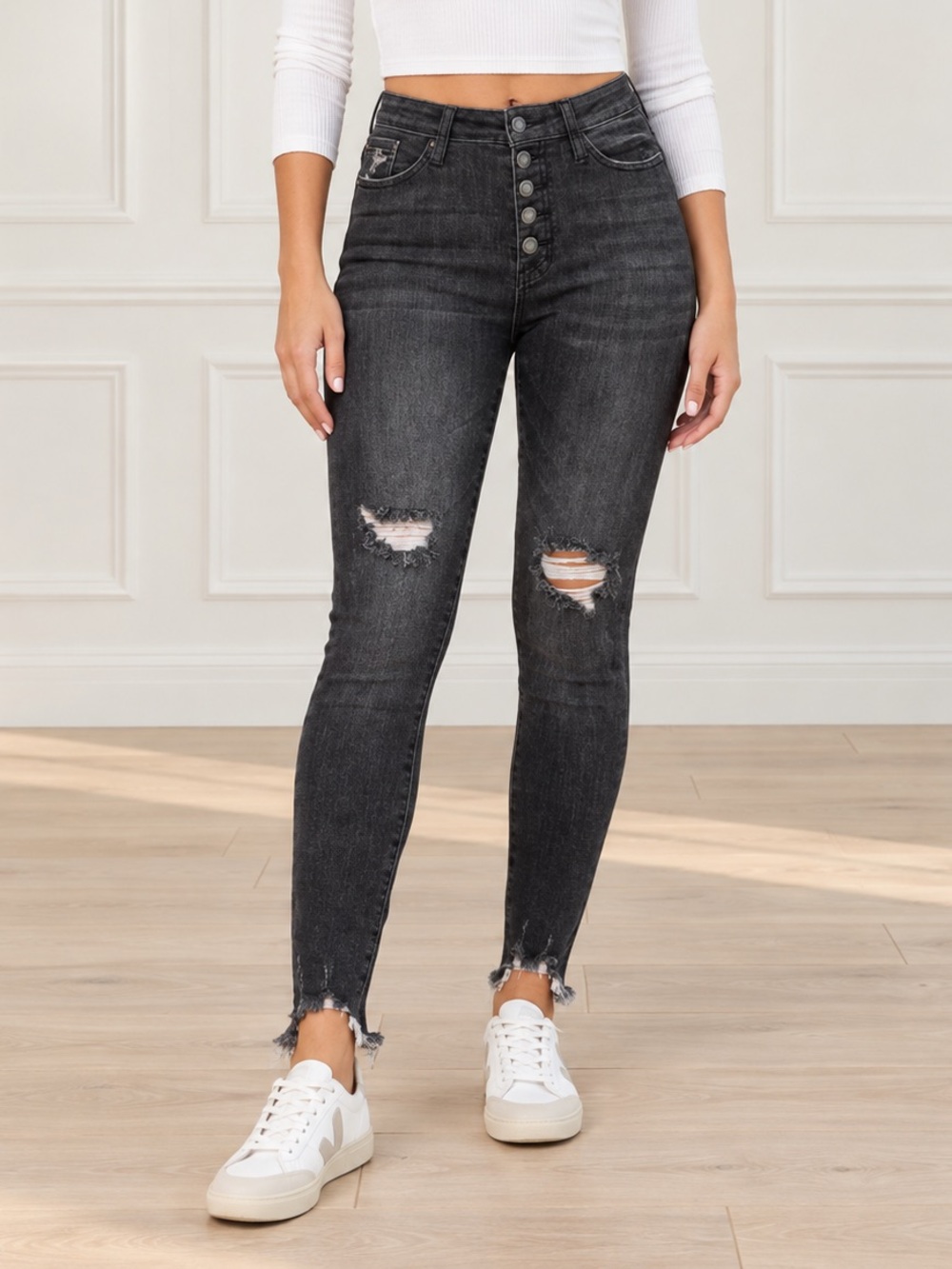 Judy Blue Jeans Size 14W Black Gray High Rise Button Fly Distressed Skinny NWT